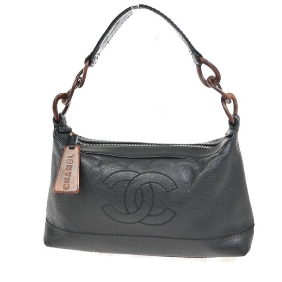 CHANEL CC Logo Wood Chain Shoulder Bag Grained Calfskin Leather Black - Picture 1 of 16